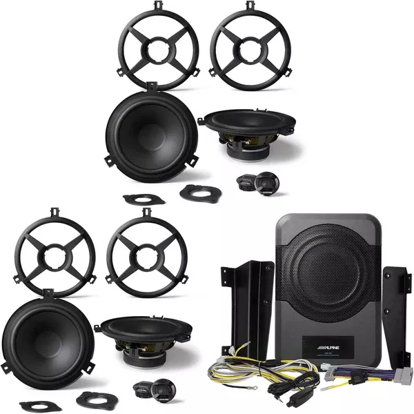 Alpine (2 pair) SPV-65X-WRA Front and Rear JK Speaker Upgrade Kit & PWE-S8-WRA 8" Compact Powered Subwoofer System for 2011-Up 4-door Jeep Wrangler