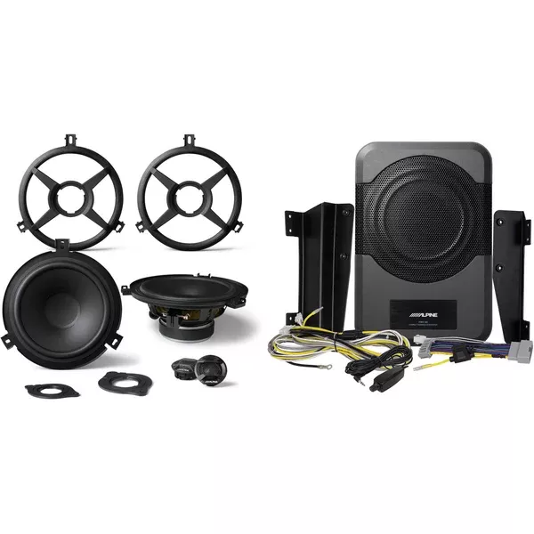 Alpine SPV-65X-WRA Front or Rear JK Speaker Upgrade Kit & PWE-S8-WRA 8" Compact Powered Subwoofer System for 2011-Up 4-door Jeep Wrangler